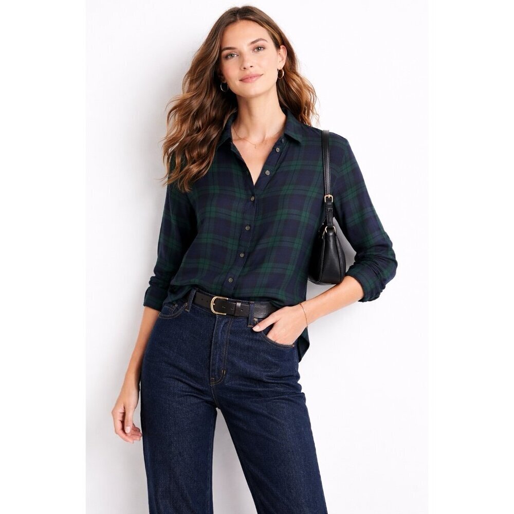 J Crew Womens Drapey Button Up Shirt Sz Medium Black Watch Tartan Plaid Top